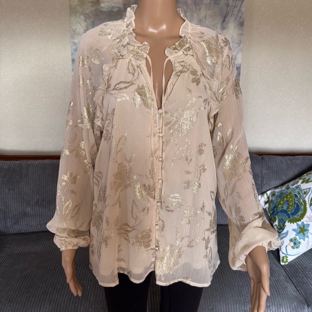 Elegant Cream Floral Blouse with Metallic Details